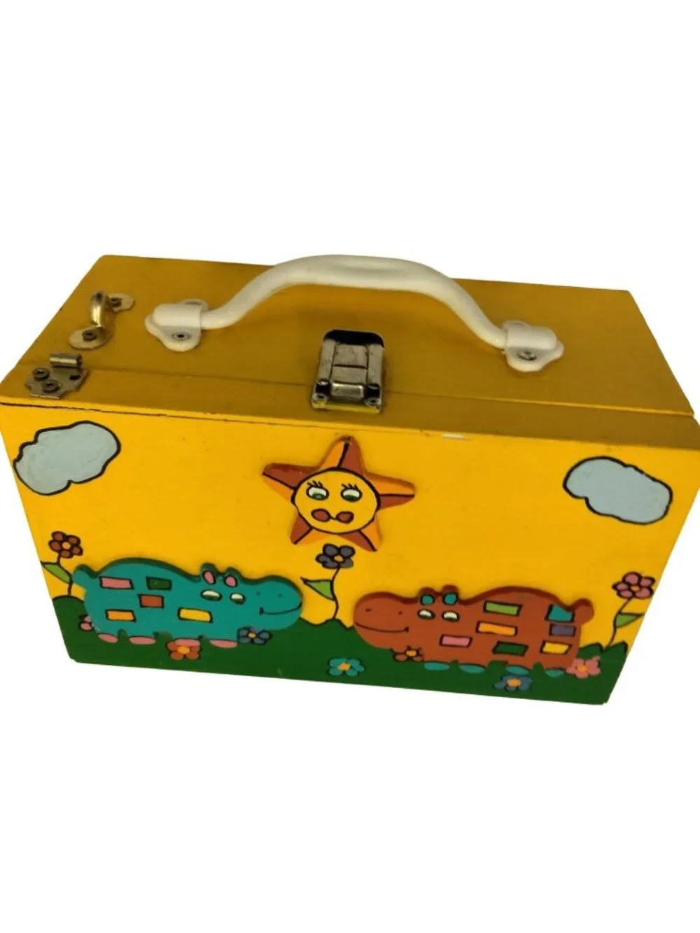 Hand Painted Wood Lunchbox Hippos Storage Box Handmade Yellow 3D